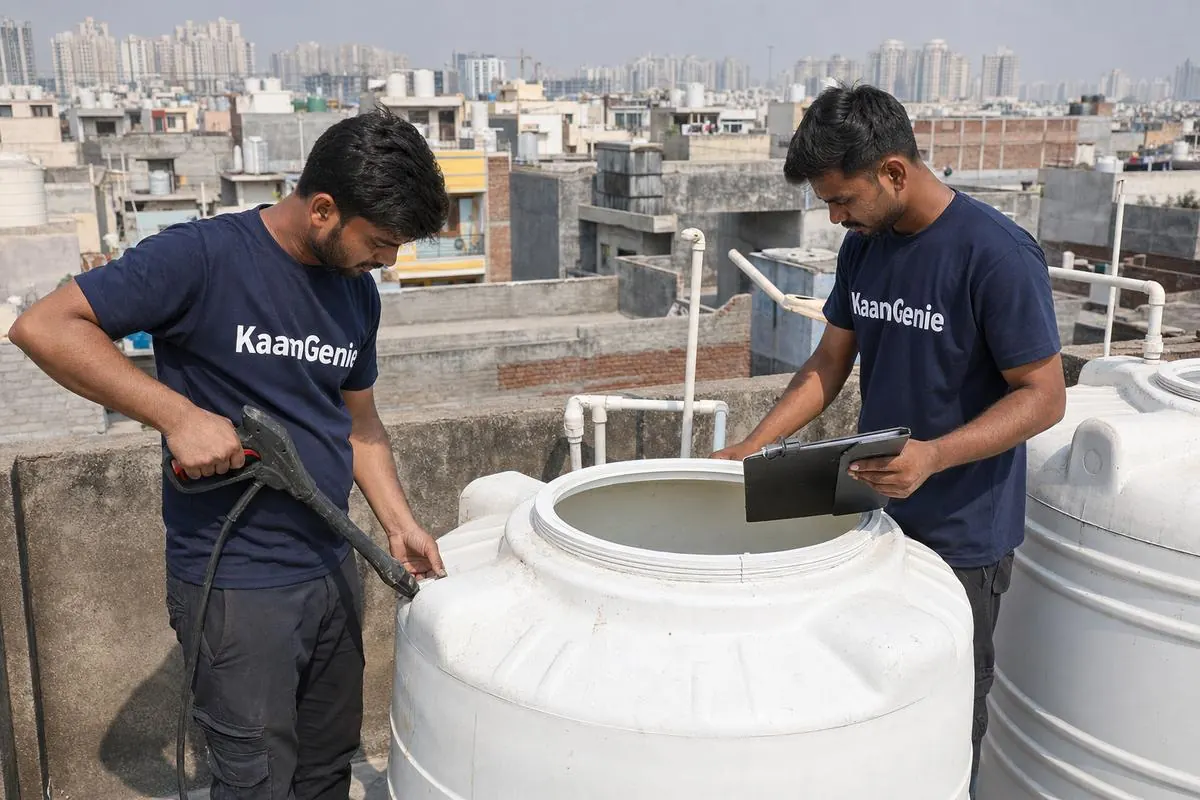 KaamGenie crew cleaning a water tank in Budh Vihar, North Delhi