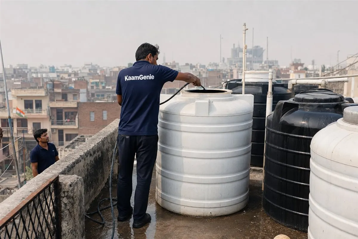 KaamGenie crew in navy shirts cleaning several rooftop water drums on a Delhi builder-floor terrace