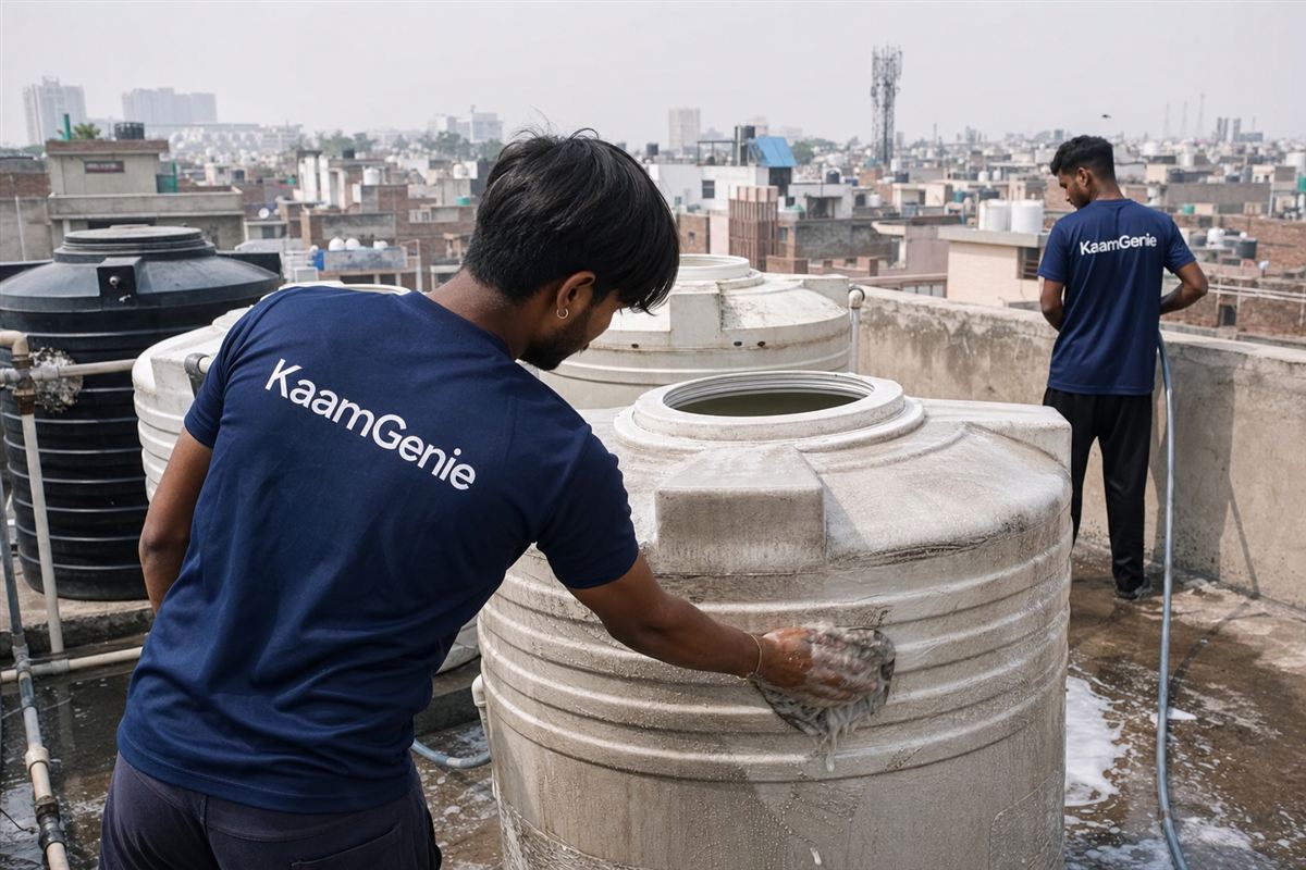 A KaamGenie worker in a navy shirt scrubbing one of several plastic rooftop drums on a Delhi builder-floor terrace