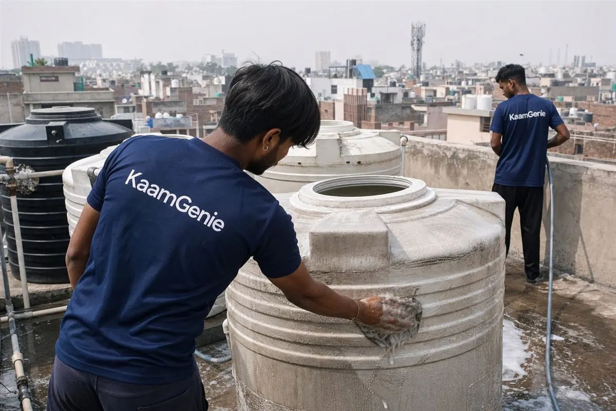 A KaamGenie worker in a navy shirt scrubbing one of several plastic rooftop drums on a Delhi builder-floor terrace