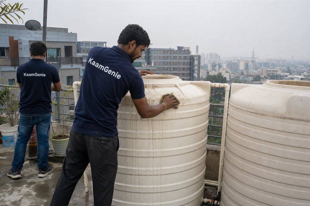 KaamGenie crew member inside a large shared underground sump in a Gurgaon builder-floor basement, scooping out a thick layer of sediment