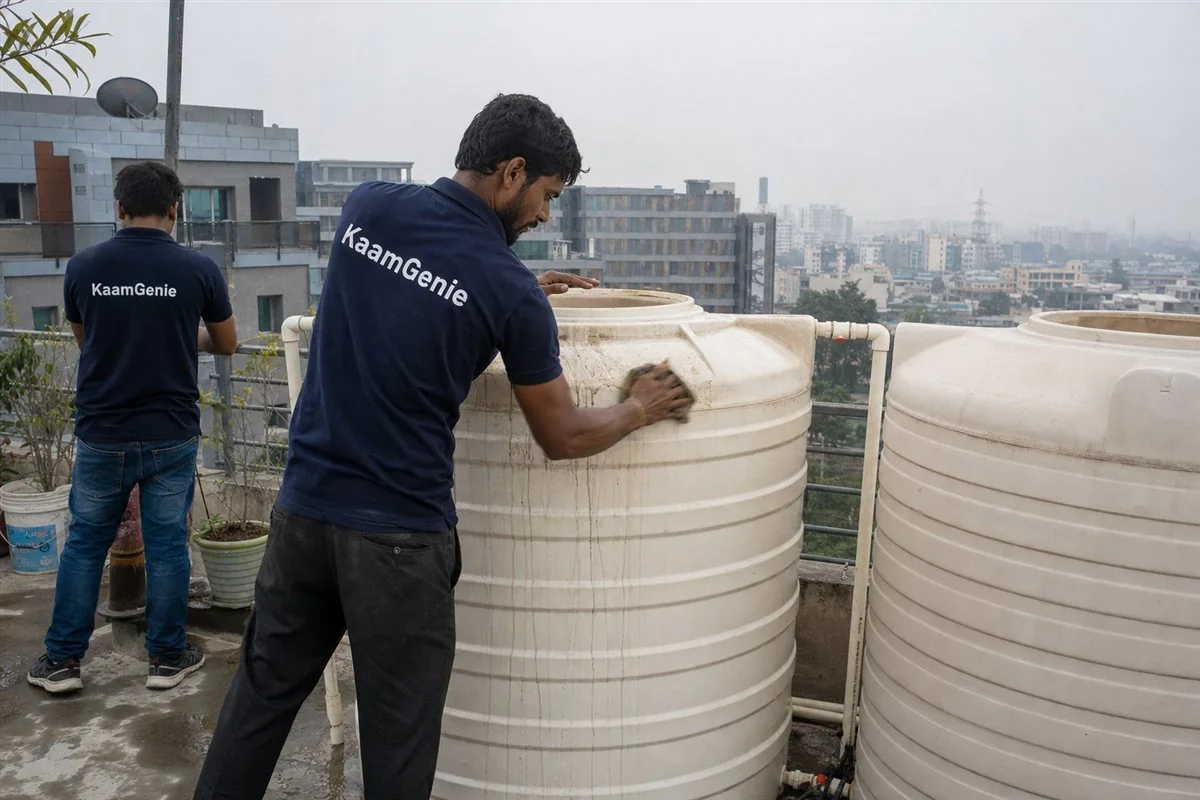 KaamGenie crew member inside a large shared underground sump in a Gurgaon builder-floor basement, scooping out a thick layer of sediment