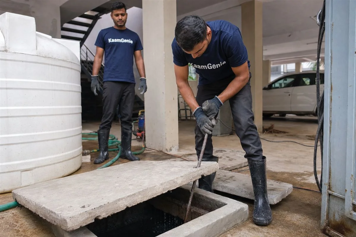 KaamGenie crew cleaning several rooftop water tanks side by side on a Gurgaon builder-floor terrace in a single visit