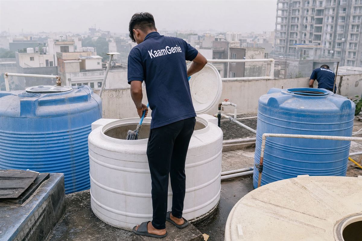 KaamGenie crew member in a navy shirt cleaning a rooftop water drum on a Noida builder-floor terrace, several plastic drums visible on the roof