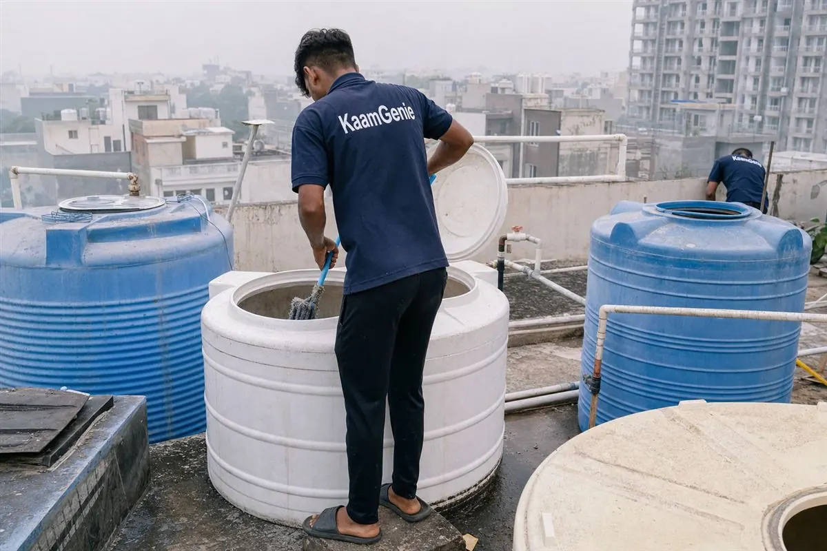 KaamGenie crew member in a navy shirt cleaning a rooftop water drum on a Noida builder-floor terrace, several plastic drums visible on the roof