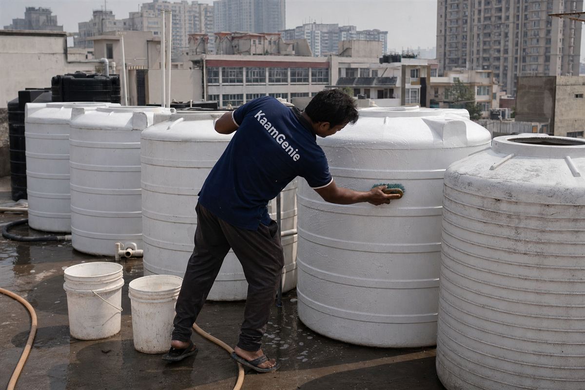 KaamGenie crew member in a navy shirt scrubbing one of several rooftop plastic drums on a Noida builder-floor terrace