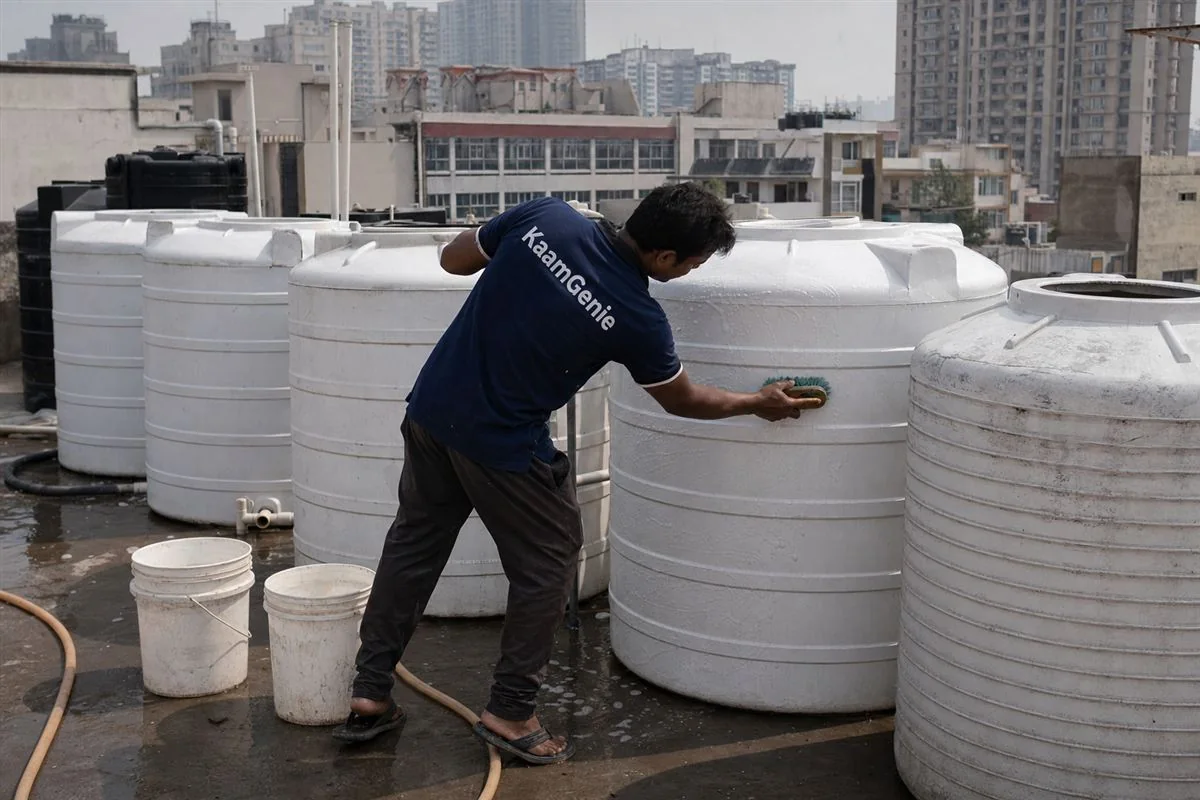 KaamGenie crew member in a navy shirt scrubbing one of several rooftop plastic drums on a Noida builder-floor terrace