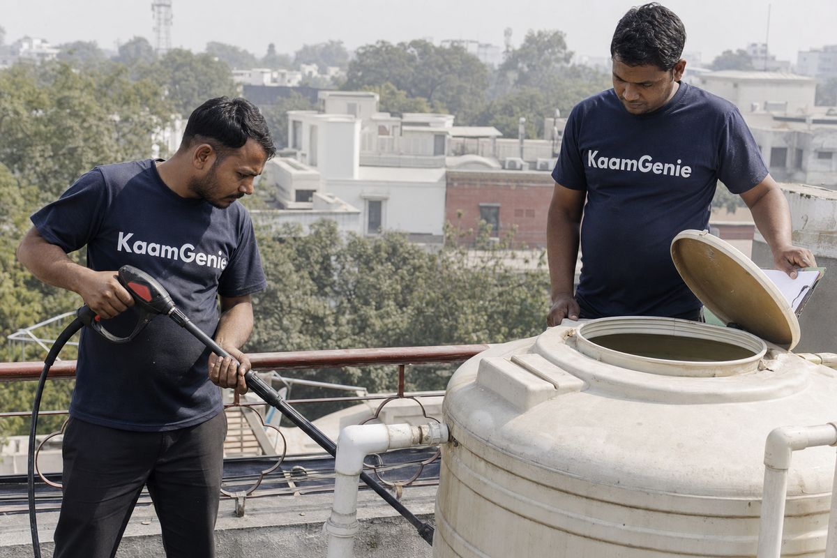 KaamGenie crew cleaning a water tank on a Central Delhi rooftop