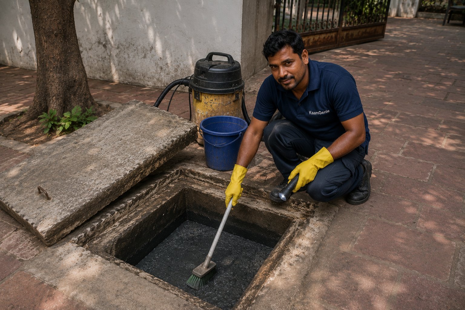 KaamGenie crew inspecting an opened underground concrete sump in a Chanakyapuri bungalow driveway