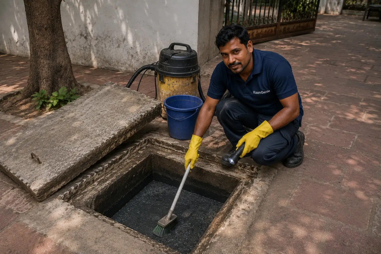 KaamGenie crew inspecting an opened underground concrete sump in a Chanakyapuri bungalow driveway