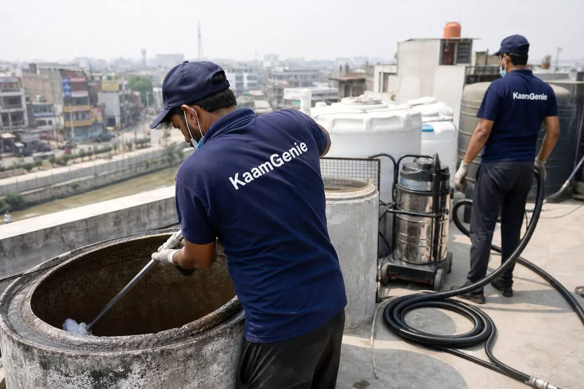 KaamGenie crew cleaning a water tank in Chand Bagh, East Delhi