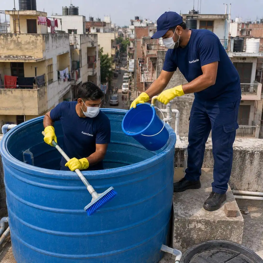 KaamGenie crew cleaning a water tank in Chand Nagar, West Delhi