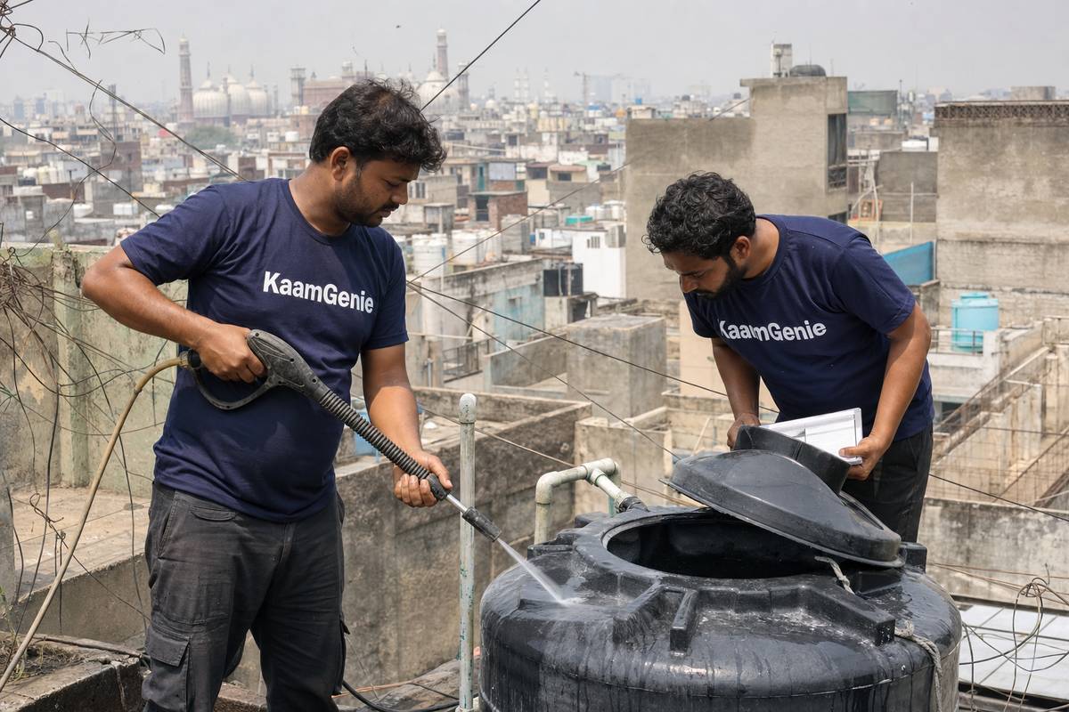 KaamGenie crew cleaning a water tank in Chandni Chowk, North Delhi