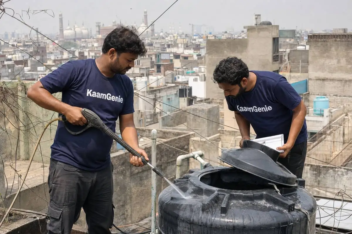 KaamGenie crew cleaning a water tank in Chandni Chowk, North Delhi