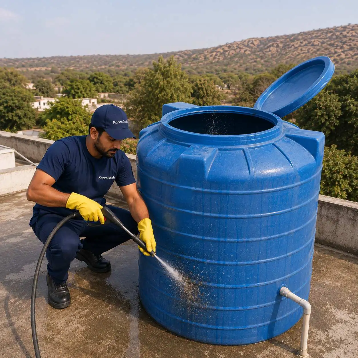KaamGenie crew cleaning an overhead water tank on a Chattarpur rooftop in South Delhi