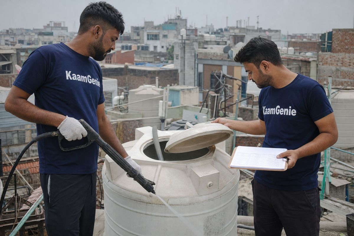 KaamGenie crew cleaning a water tank in Chawri Bazar, North Delhi