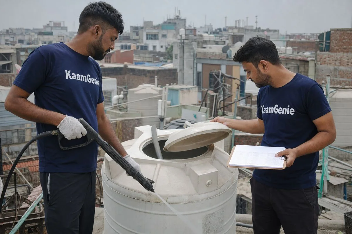 KaamGenie crew cleaning a water tank in Chawri Bazar, North Delhi