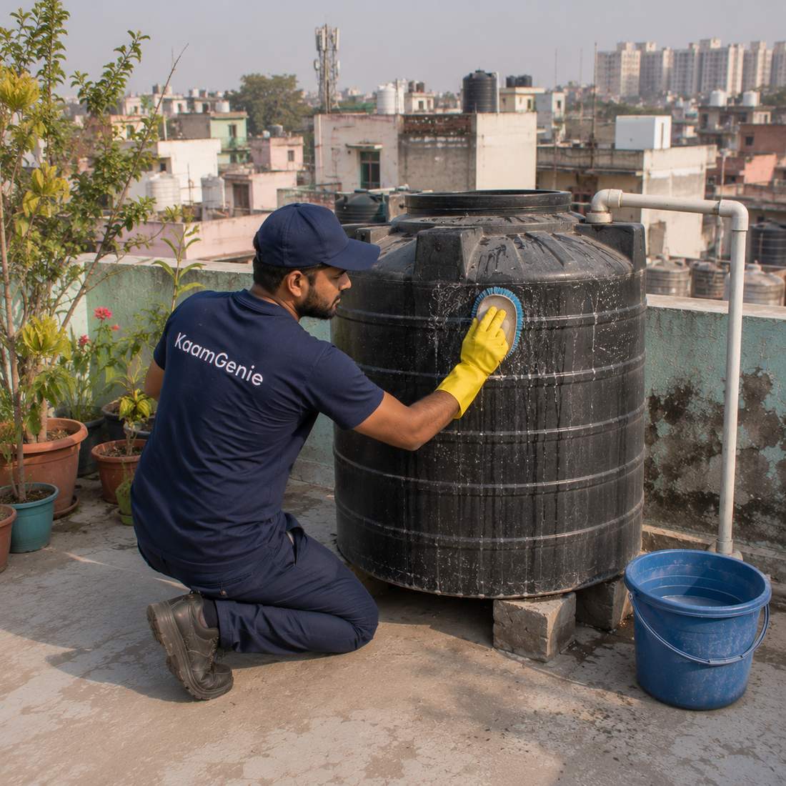 KaamGenie crew cleaning a water tank in Chilla, East Delhi