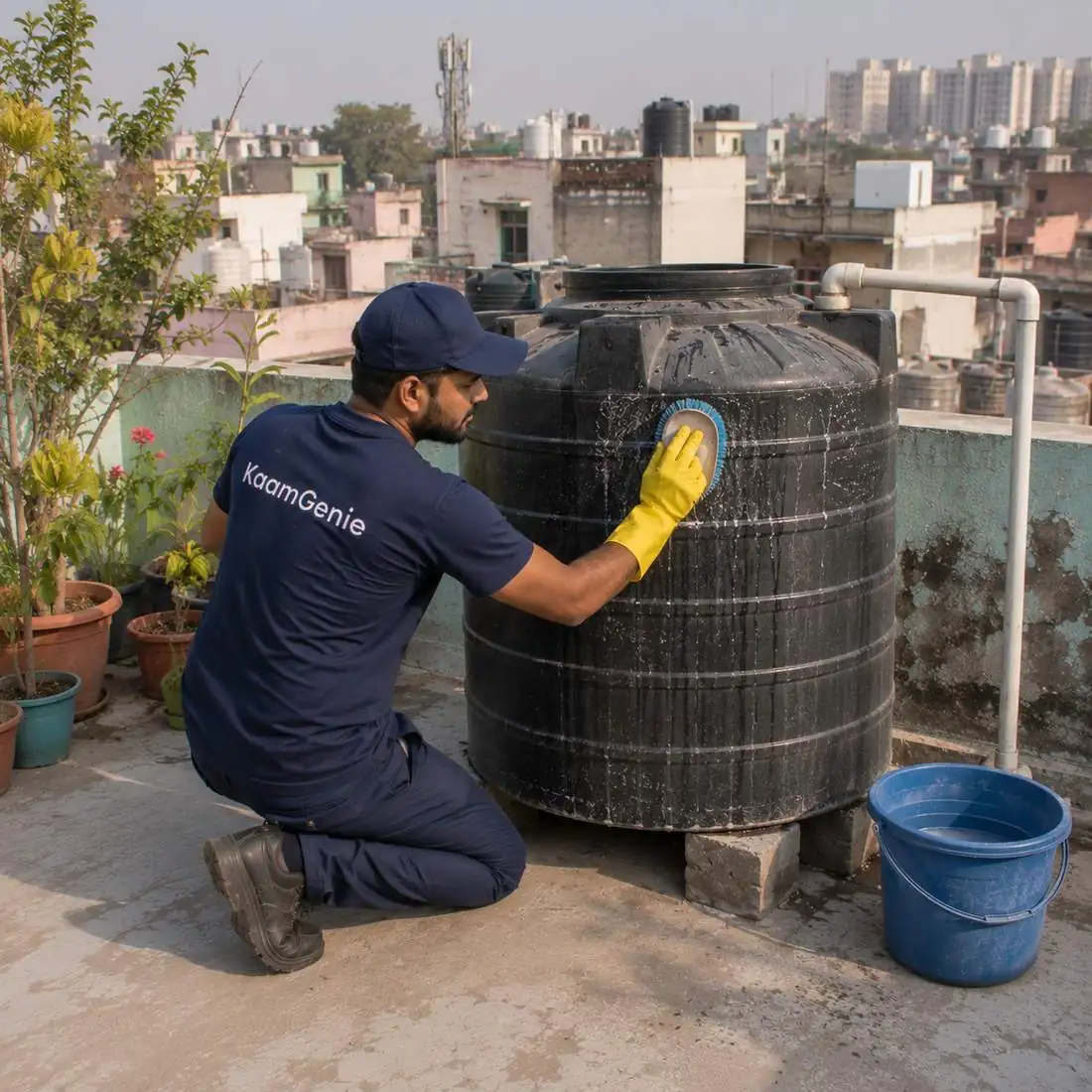 KaamGenie crew cleaning a water tank in Chilla, East Delhi