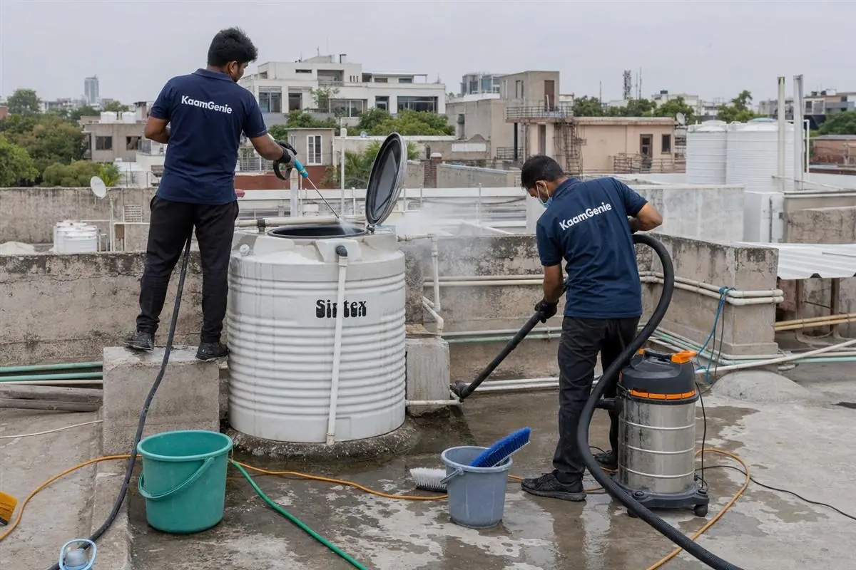 KaamGenie crew cleaning a water tank in Chirag Delhi, Delhi