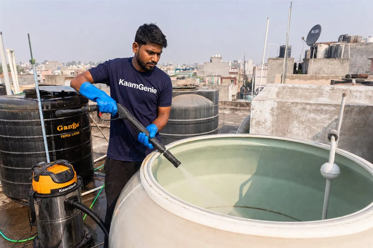 KaamGenie crew doing overhead water tank cleaning in Faridabad