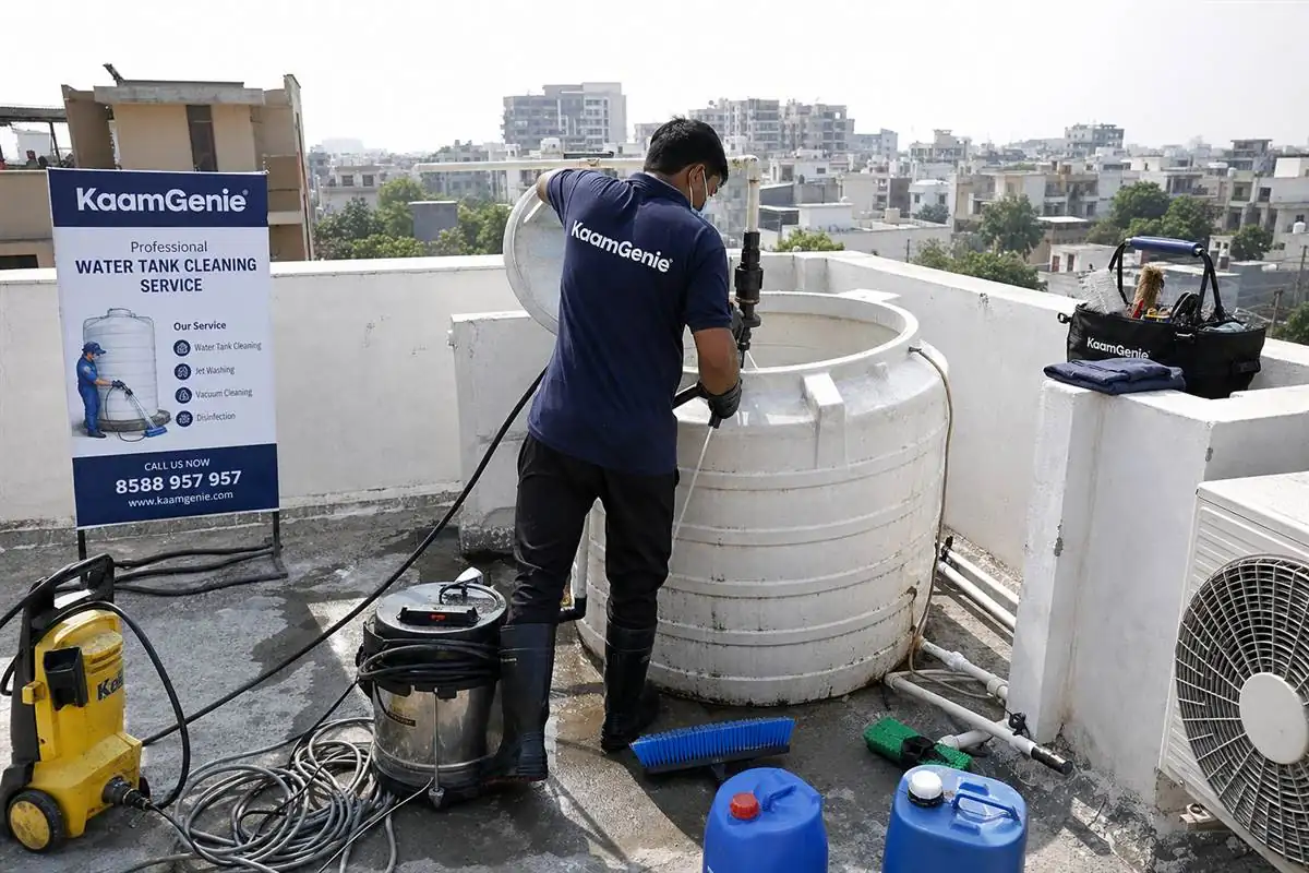 KaamGenie crew doing same-day water tank cleaning in Faridabad