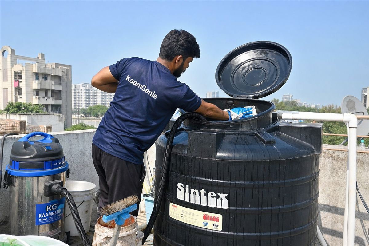 KaamGenie crew doing sintex and plastic tank cleaning in Faridabad