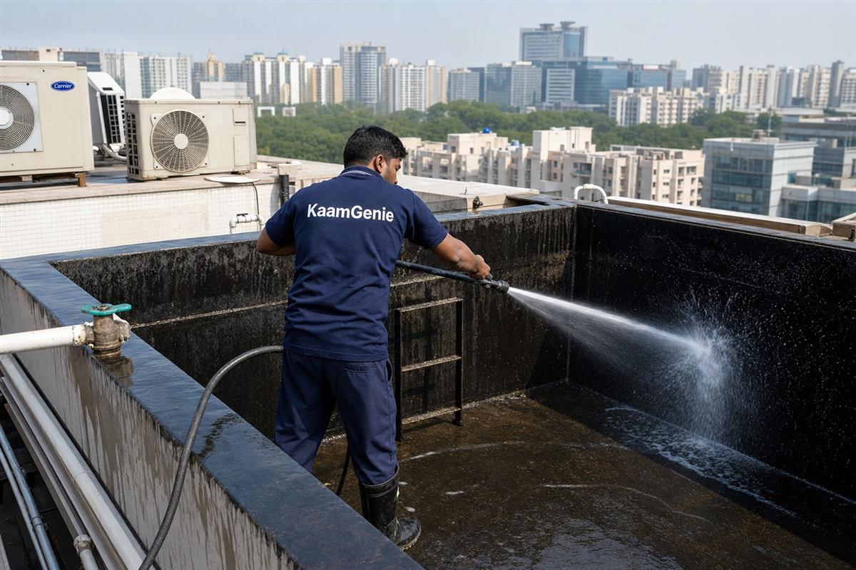 KaamGenie crew doing commercial & restaurant tank cleaning in Gurgaon