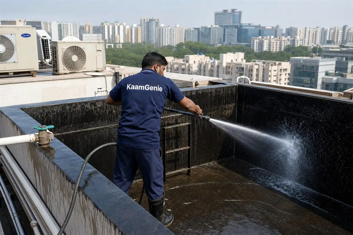 KaamGenie crew doing commercial & restaurant tank cleaning in Gurgaon