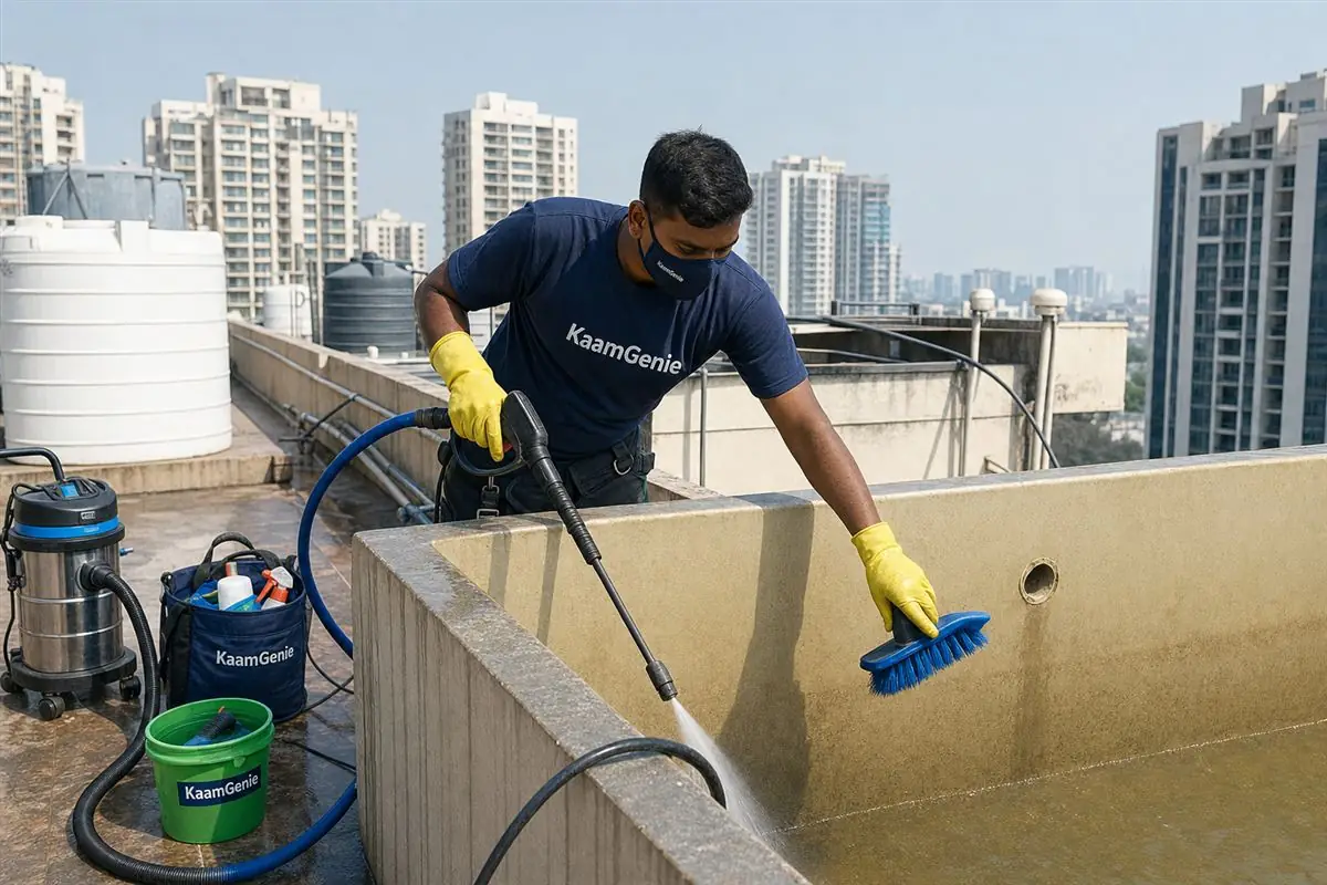KaamGenie crew doing overhead water tank cleaning in Gurgaon