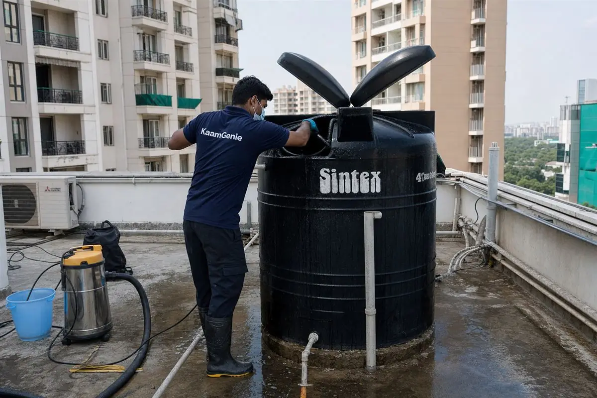 KaamGenie crew doing sintex and plastic tank cleaning in Gurgaon