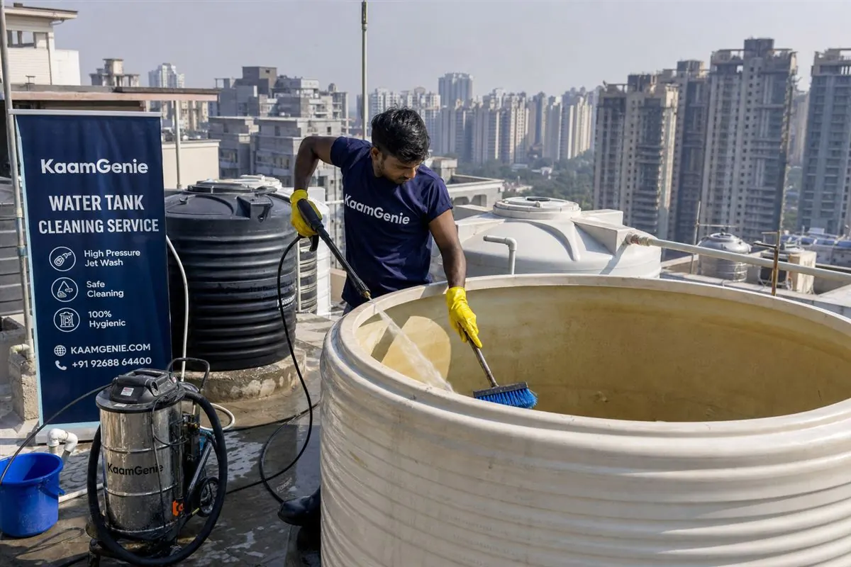 KaamGenie crew doing overhead water tank cleaning in Noida