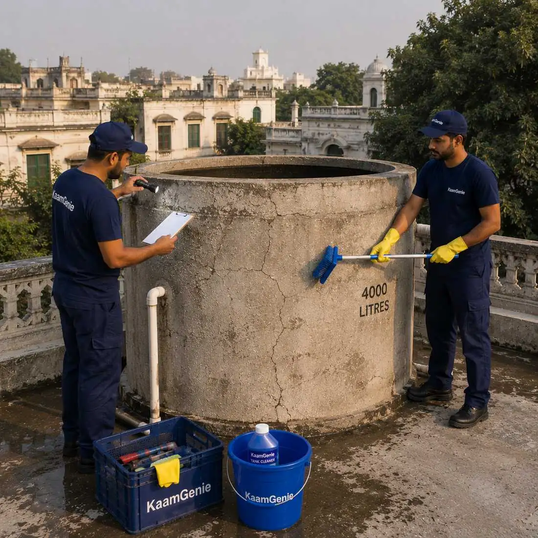 KaamGenie crew cleaning a water tank in Civil Lines, West Delhi