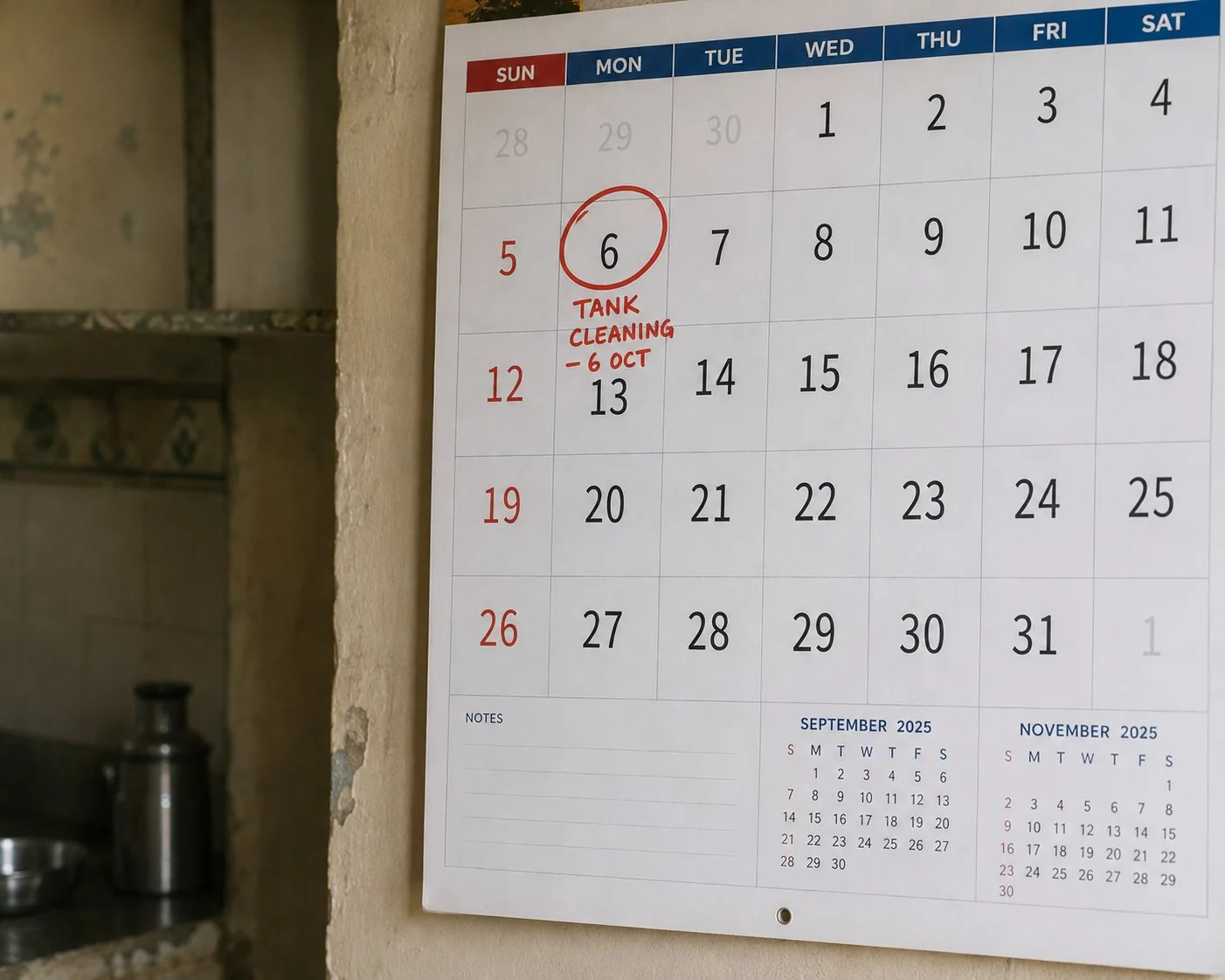 A wall calendar in a Delhi home with the next water tank cleaning date marked in red marker - the simple system that prevents all 7 warning signs from ever showing up