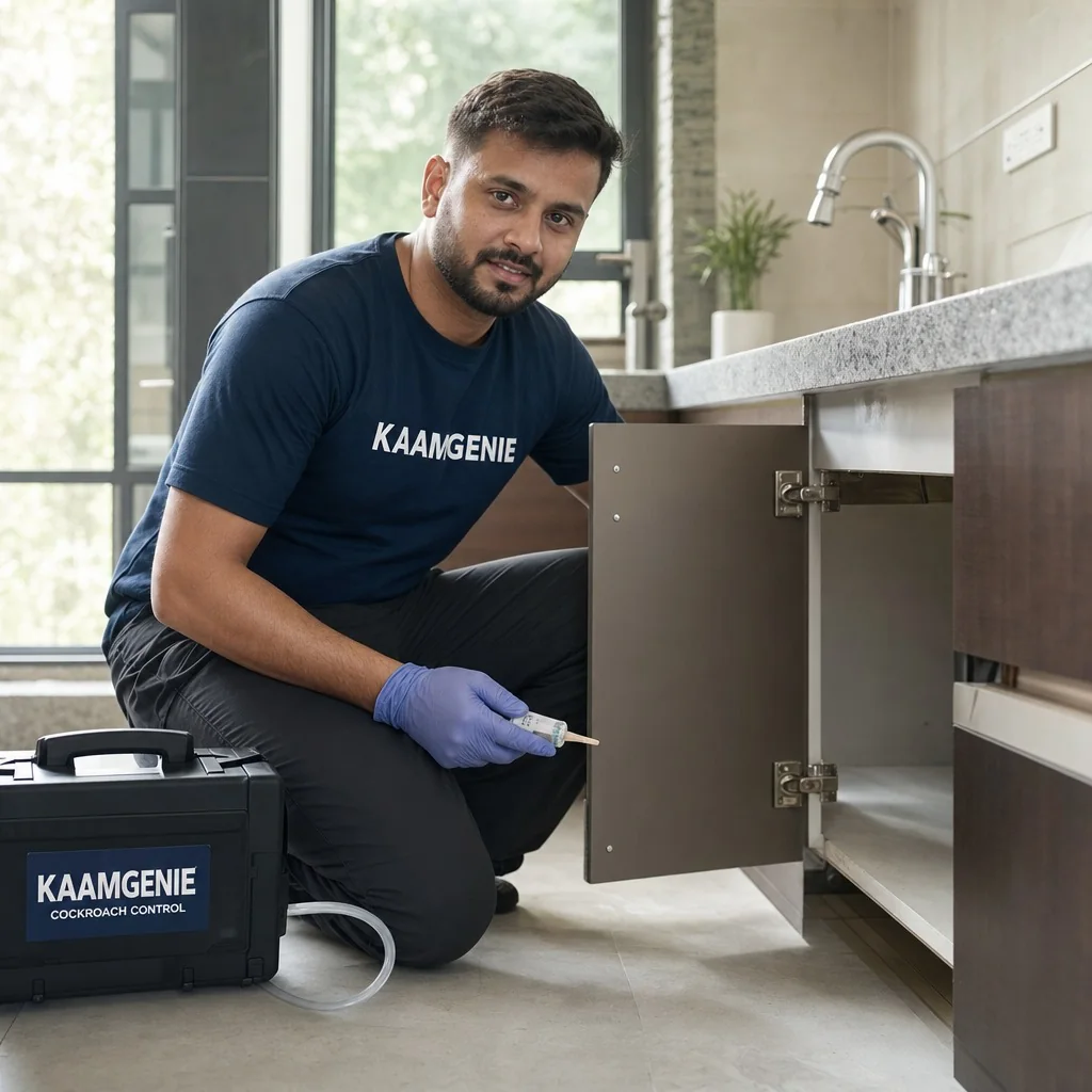 KaamGenie cockroach control technician kneeling near a Delhi kitchen cabinet with a gel-bait applicator