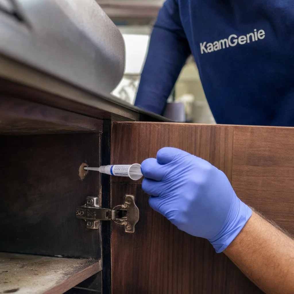 KaamGenie technician applying gel bait inside a Delhi kitchen cabinet hinge during a paid cockroach treatment
