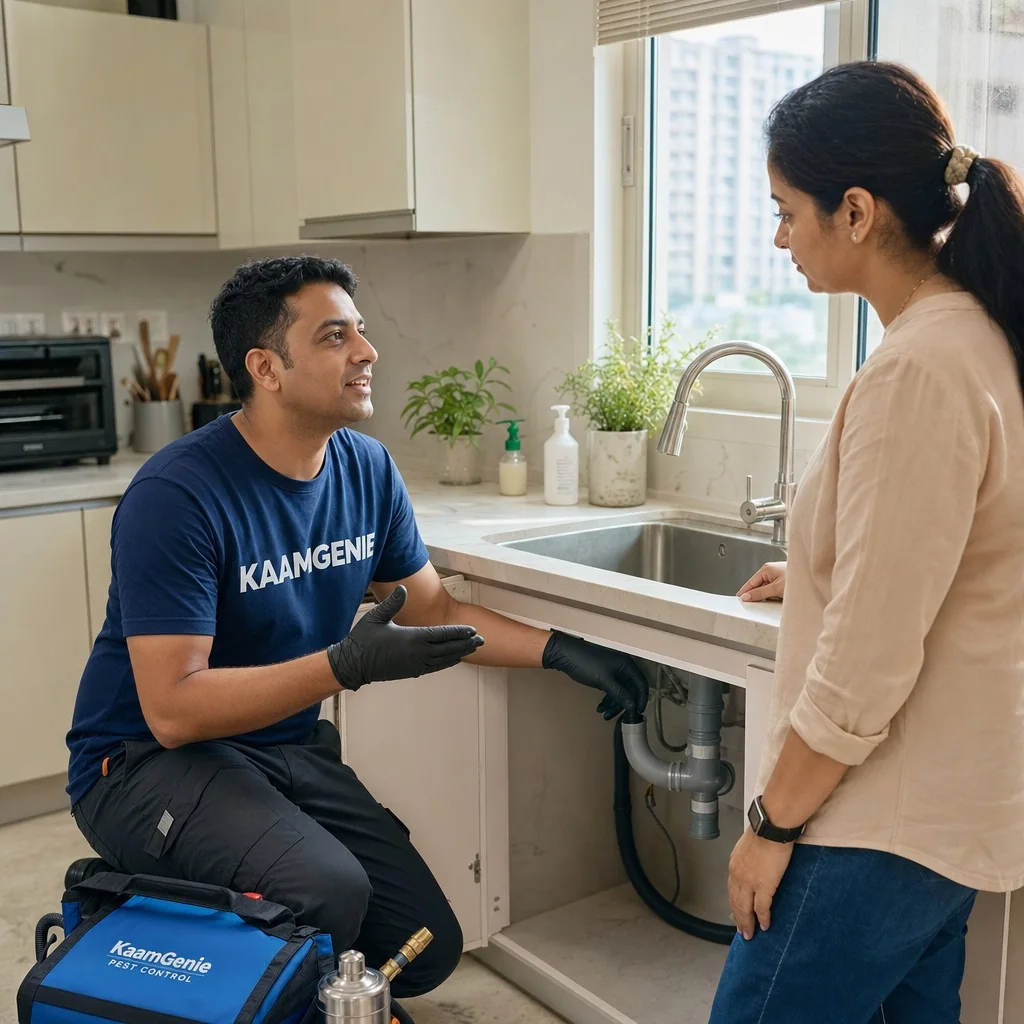 KaamGenie crew lead explaining AMC pricing to a Delhi homeowner with the warranty card on the table