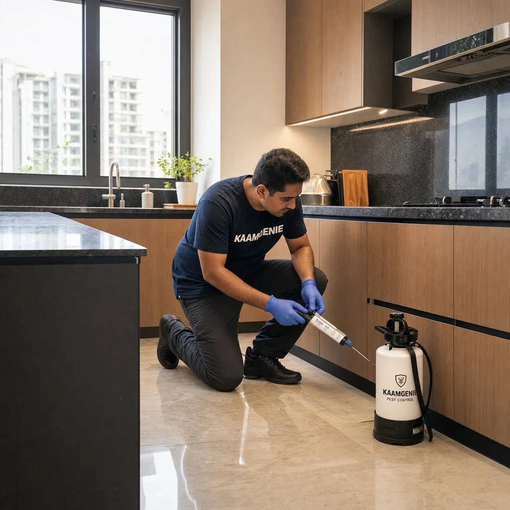 KaamGenie pest control technician treating a Delhi home kitchen for permanent cockroach removal