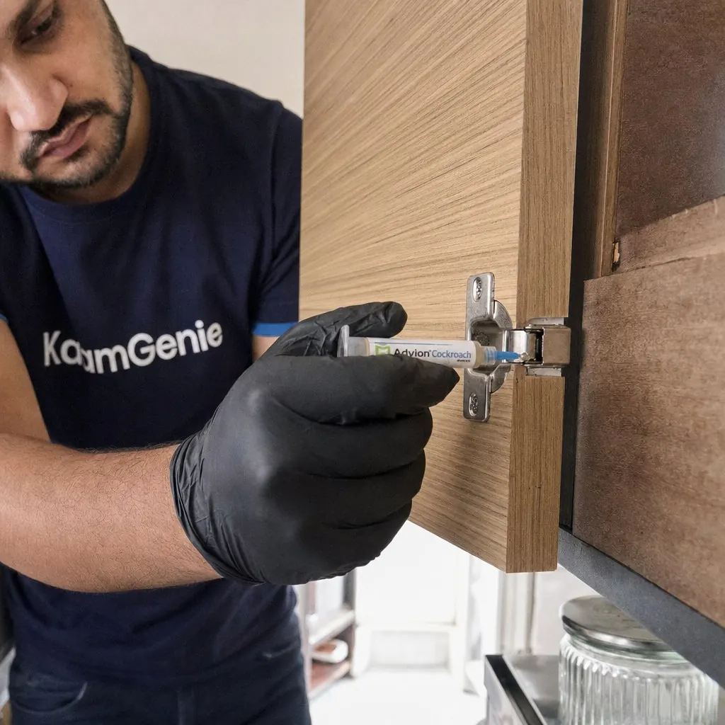 Close-up of a KaamGenie technician applying gel bait inside a Delhi kitchen cabinet hinge