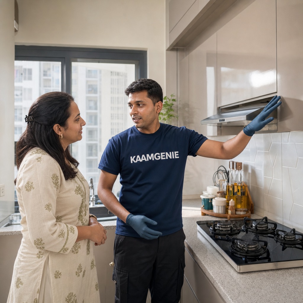 KaamGenie technician explaining the treatment plan to a Delhi homeowner in her apartment kitchen