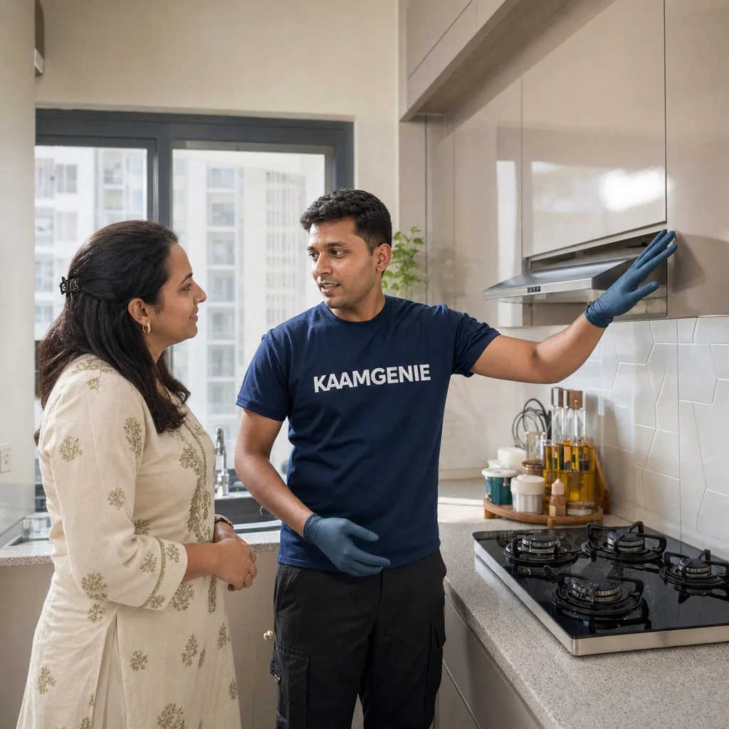 KaamGenie technician explaining the treatment plan to a Delhi homeowner in her apartment kitchen