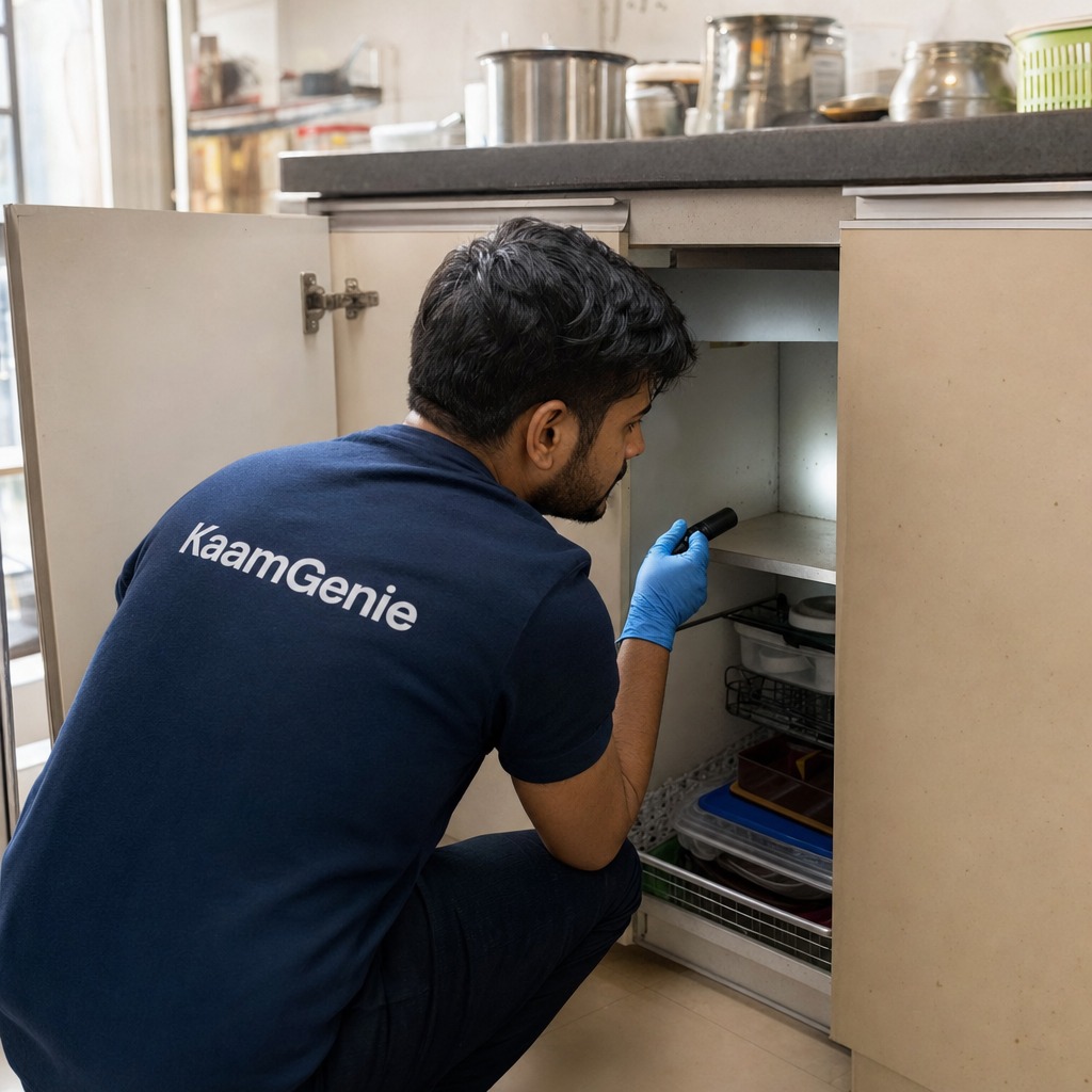 KaamGenie technician inspecting a Delhi kitchen cabinet cavity with a flashlight