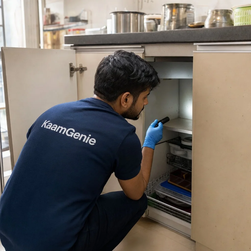 KaamGenie technician inspecting a Delhi kitchen cabinet cavity with a flashlight