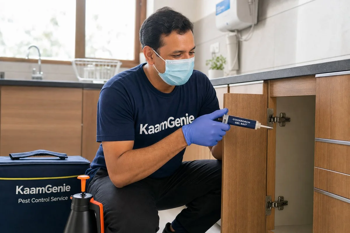 KaamGenie pest control technician applying targeted gel bait along kitchen cabinet hinges in a Delhi home