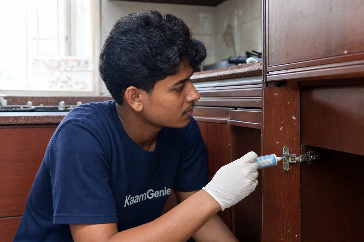 Close-up of KaamGenie technician applying gel-bait paste along a kitchen cabinet hinge in Delhi