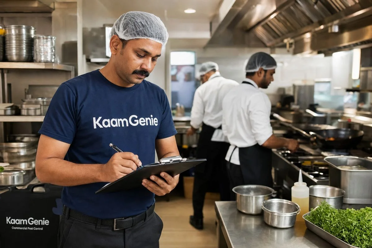 KaamGenie commercial pest control technician with clipboard inspecting a Delhi restaurant kitchen