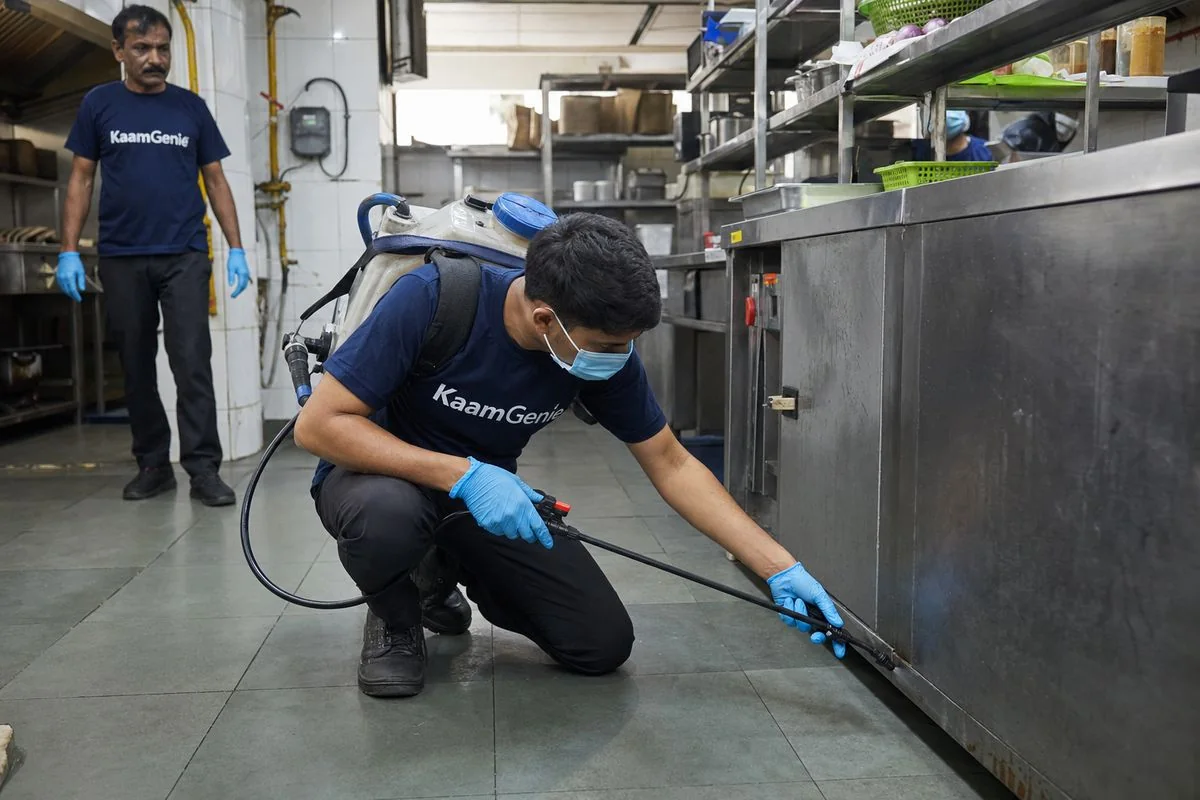 KaamGenie technician applying low-odour spray treatment along stainless steel kitchen prep tables in a Delhi restaurant
