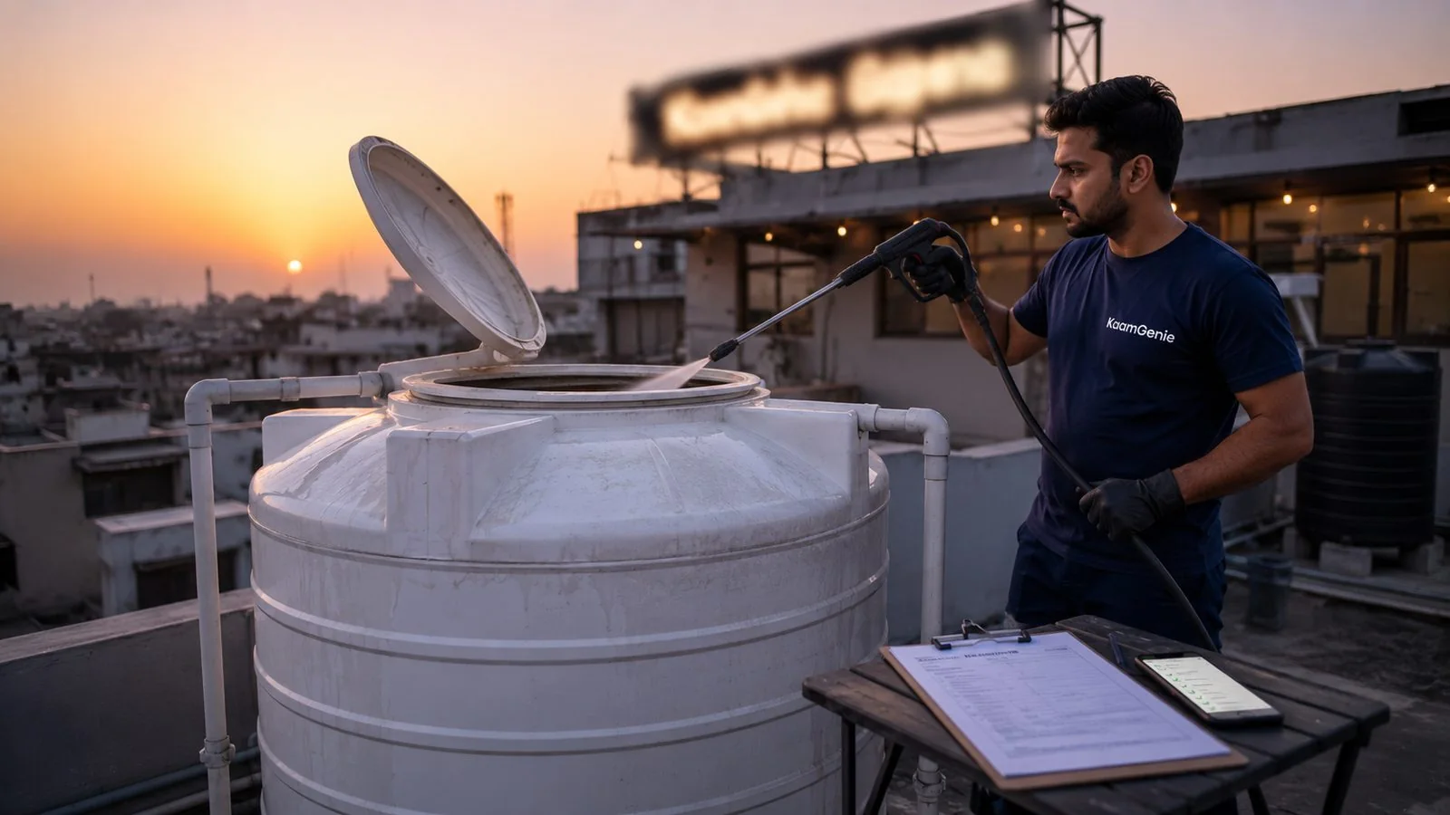 KaamGenie crew cleaning a rooftop water tank at a Delhi restaurant at sunrise with FSSAI service checklist