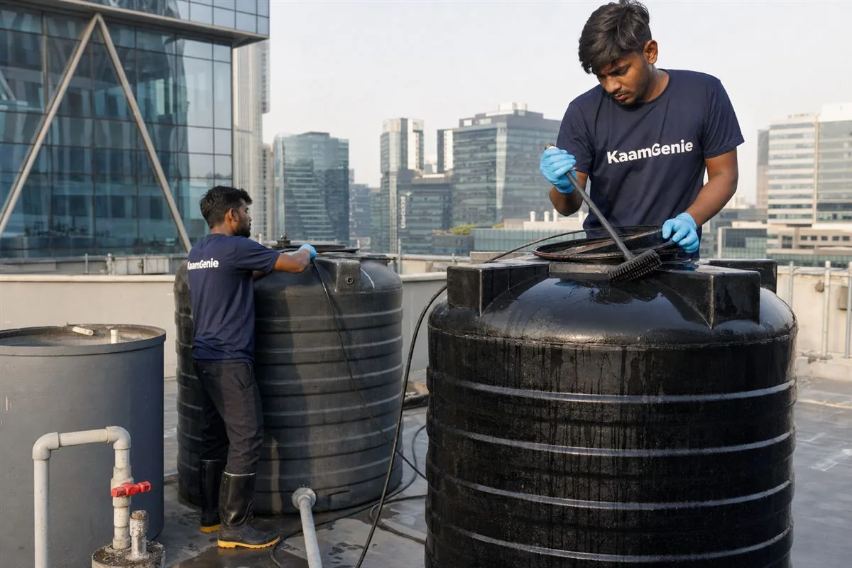 KaamGenie crew cleaning a large commercial underground water reservoir at a Gurgaon office building after hours