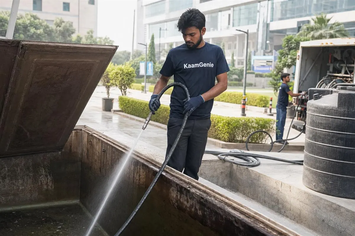 KaamGenie crew phasing a commercial water tank cleaning at a Gurgaon IT park at night, cleaning one rooftop tower tank while others stay in service